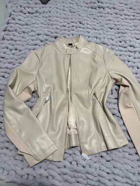 Shein Women's Cream Faux Leather Zip Front Jacket